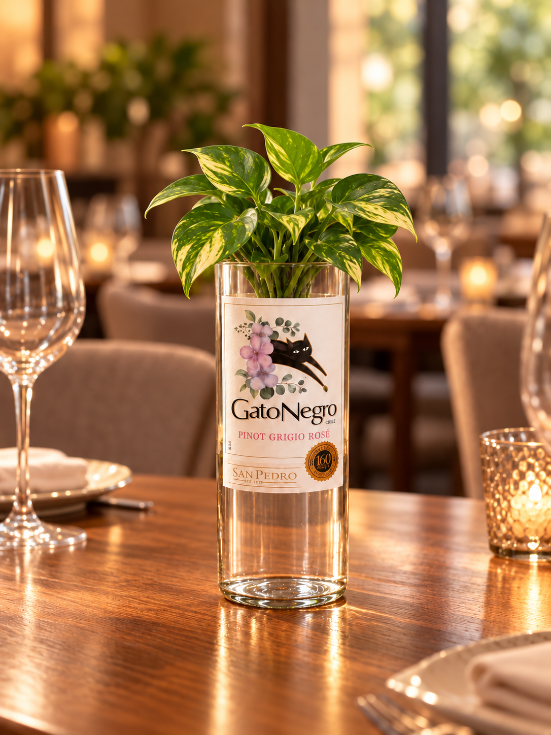 Uitgesneden groene fles gevuld met plantjes