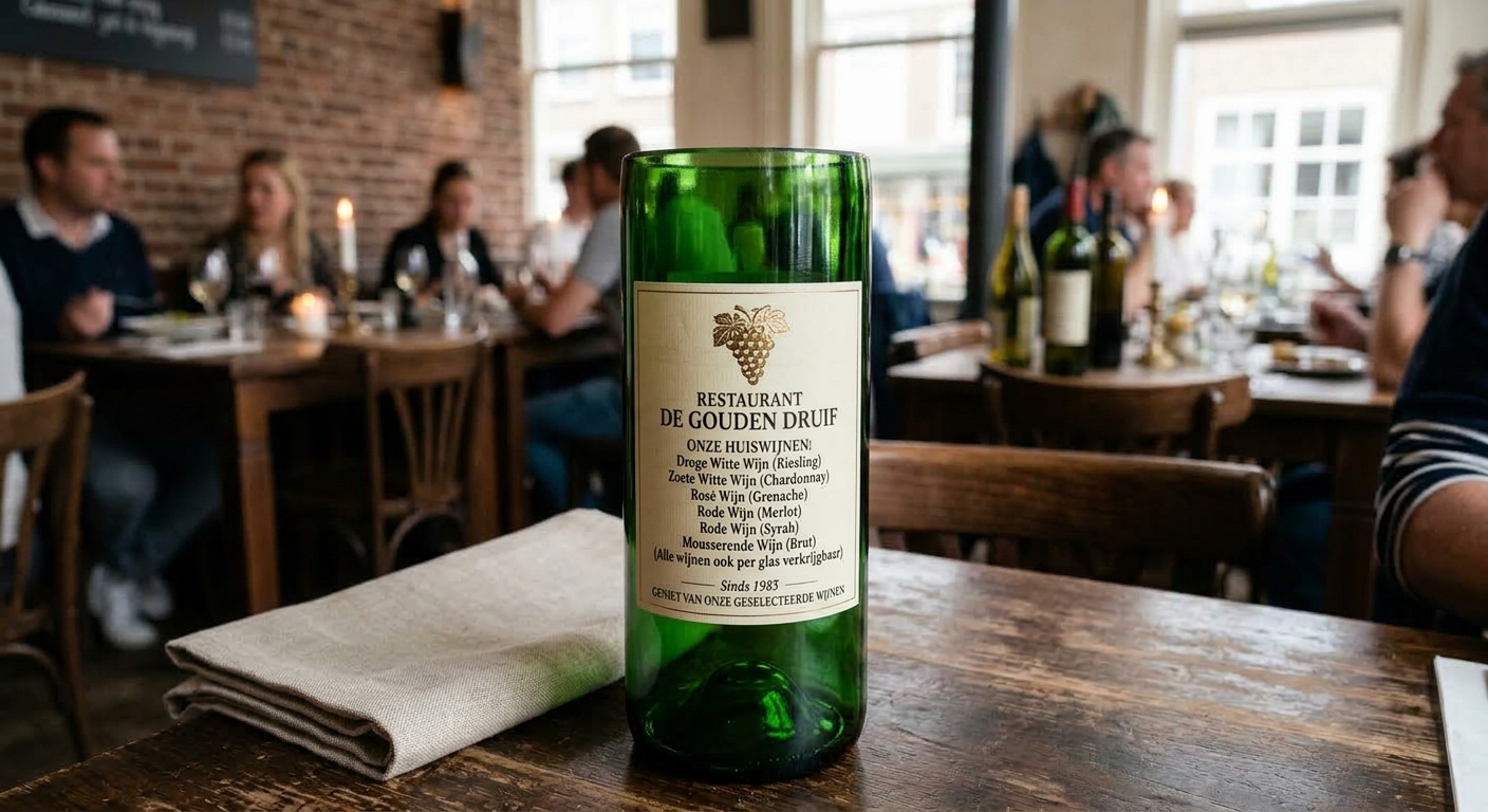 Hoge groene fles met een wijnkaart erop
