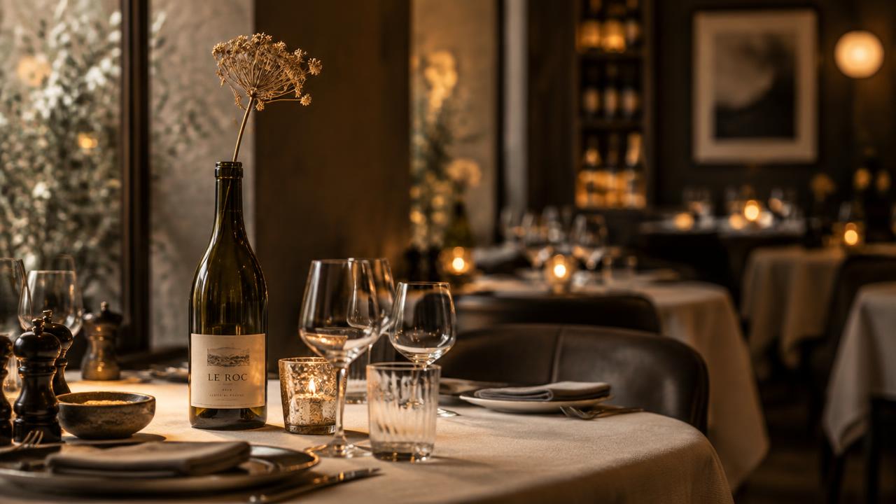 Brandende kaars in een uitgesneden wijnfles op een restauranttafel